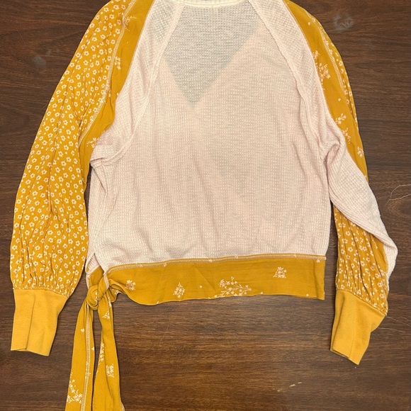 Free People Pink Waffle Knit Top with Mustard Floral Trim - Picture 2 of 3
